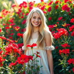 A beautiful teenage girl, 16 years old, with long blonde hair, surrounded by a vibrant garden filled with red flowers in full bloom