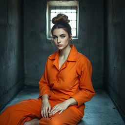 A young Russian brunette woman with her hair elegantly styled in a bun, clad in an orange jumpsuit with the collar unbuttoned, sitting on the cold floor of a jail cell