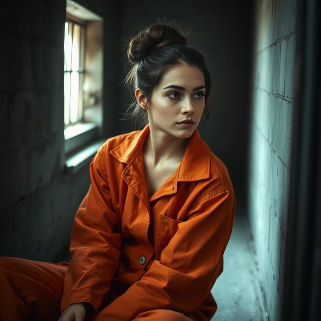 A young Russian brunette woman with her hair elegantly styled in a bun, clad in an orange jumpsuit with the collar unbuttoned, sitting on the cold floor of a jail cell