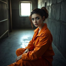 A young Russian brunette woman with her hair elegantly styled in a bun, clad in an orange jumpsuit with the collar unbuttoned, sitting on the cold floor of a jail cell