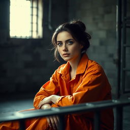 A young Russian brunette woman with her hair elegantly styled in a bun, clad in an orange jumpsuit with the collar unbuttoned, sitting on the cold floor of a jail cell