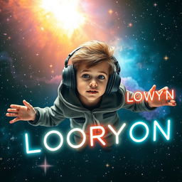 A young boy floating in the vastness of outer space, wearing a stylish hoodie and large headphones
