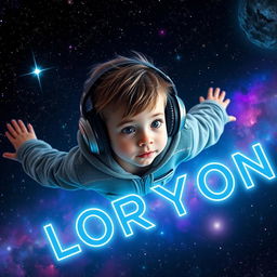 A young boy floating in the vastness of outer space, wearing a stylish hoodie and large headphones