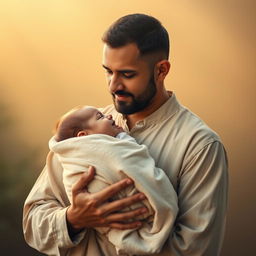 A poignant image of a devoted father holding his baby tenderly in a serene and emotional atmosphere