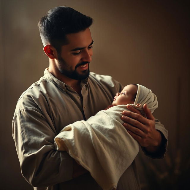 A poignant image of a devoted father holding his baby tenderly in a serene and emotional atmosphere