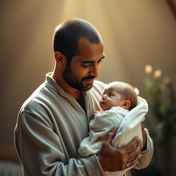A poignant image of a devoted father holding his baby tenderly in a serene and emotional atmosphere