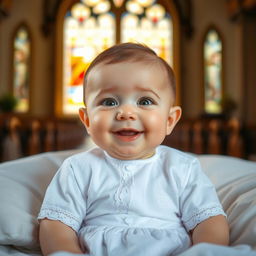 A joyful baptism photoshoot featuring a close-up of a baby's face, capturing the moment of joy and innocence