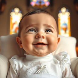 A joyful baptism photoshoot featuring a close-up of a baby's face, capturing the moment of joy and innocence