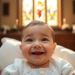 A joyful baptism photoshoot featuring a close-up of a baby's face, capturing the moment of joy and innocence