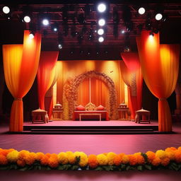 A traditional Indian stage decoration concept for a college celebration. Showcase a festive environment filled with local arts, cultural artifacts, and decorations, while maintaining an affordable budget.