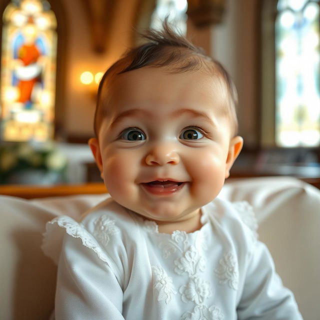 A joyful baptism photoshoot featuring a close-up of a baby's face, capturing the moment of joy and innocence