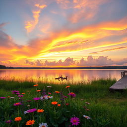 A serene sunset landscape with colorful clouds reflecting off a calm lake