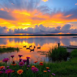A serene sunset landscape with colorful clouds reflecting off a calm lake