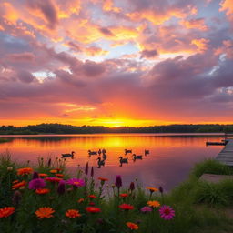 A serene sunset landscape with colorful clouds reflecting off a calm lake