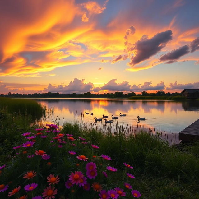 A serene sunset landscape with colorful clouds reflecting off a calm lake