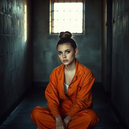 A young Russian brunette woman with her hair styled in a neat bun, wearing an orange jumpsuit with the collar casually unbuttoned, is seated on the cold, hard floor of a jail cell