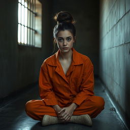 A young Russian brunette woman with her hair styled in a neat bun, wearing an orange jumpsuit with the collar casually unbuttoned, is seated on the cold, hard floor of a jail cell