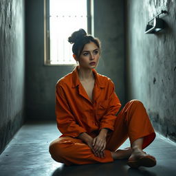 A young Russian brunette woman with her hair styled in a neat bun, wearing an orange jumpsuit with the collar casually unbuttoned, is seated on the cold, hard floor of a jail cell