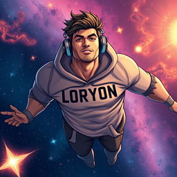 A powerful young man floating in the vastness of space, wearing stylish headphones and a cozy hoodie