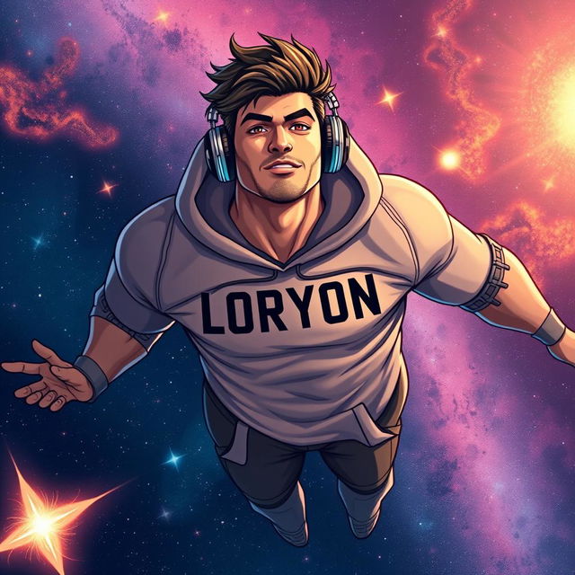 A powerful young man floating in the vastness of space, wearing stylish headphones and a cozy hoodie