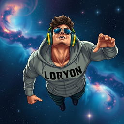 A powerful young man floating in the vastness of space, wearing stylish headphones and a cozy hoodie