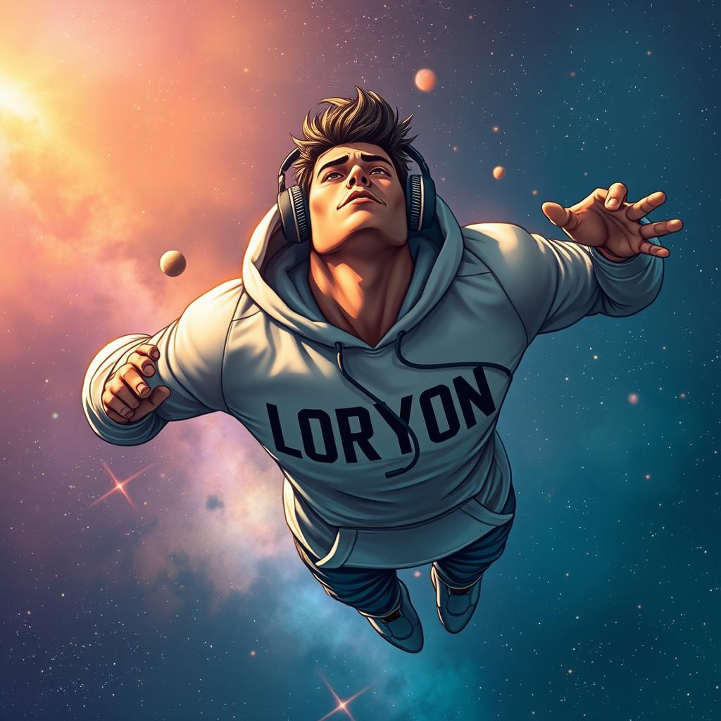 A powerful young man floating in the vastness of space, wearing stylish headphones and a cozy hoodie