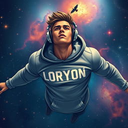 A powerful young man floating in the vastness of space, wearing stylish headphones and a cozy hoodie