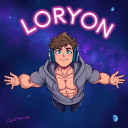 A muscular boy floating in space, wearing a relaxed hoodie and oversized headphones