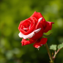 A vibrant scarlet red rose with striking white borders, depicting the details of the petals with a lush, full-bodied appearance