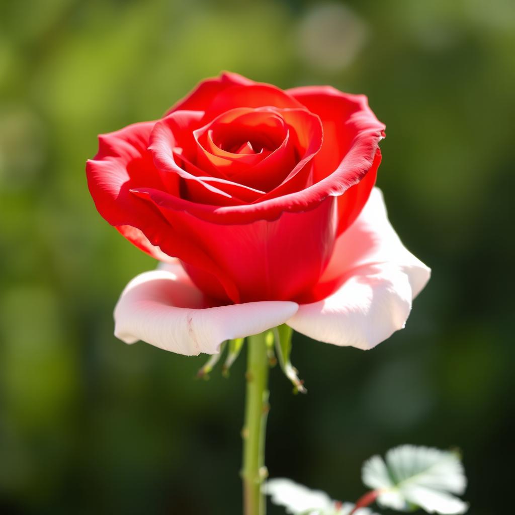 A vibrant scarlet red rose with striking white borders, depicting the details of the petals with a lush, full-bodied appearance