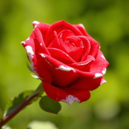 A vibrant scarlet red rose with striking white borders, depicting the details of the petals with a lush, full-bodied appearance