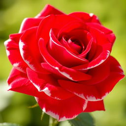 A vibrant scarlet red rose with striking white borders, depicting the details of the petals with a lush, full-bodied appearance