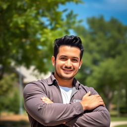 A portrait of a confident man outdoors, wearing a stylish casual outfit