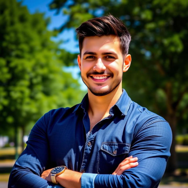 A portrait of a confident man outdoors, wearing a stylish casual outfit