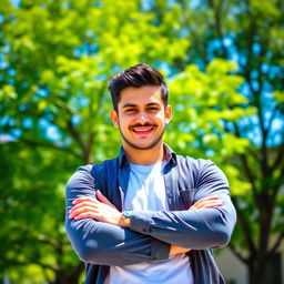 A portrait of a confident man outdoors, wearing a stylish casual outfit