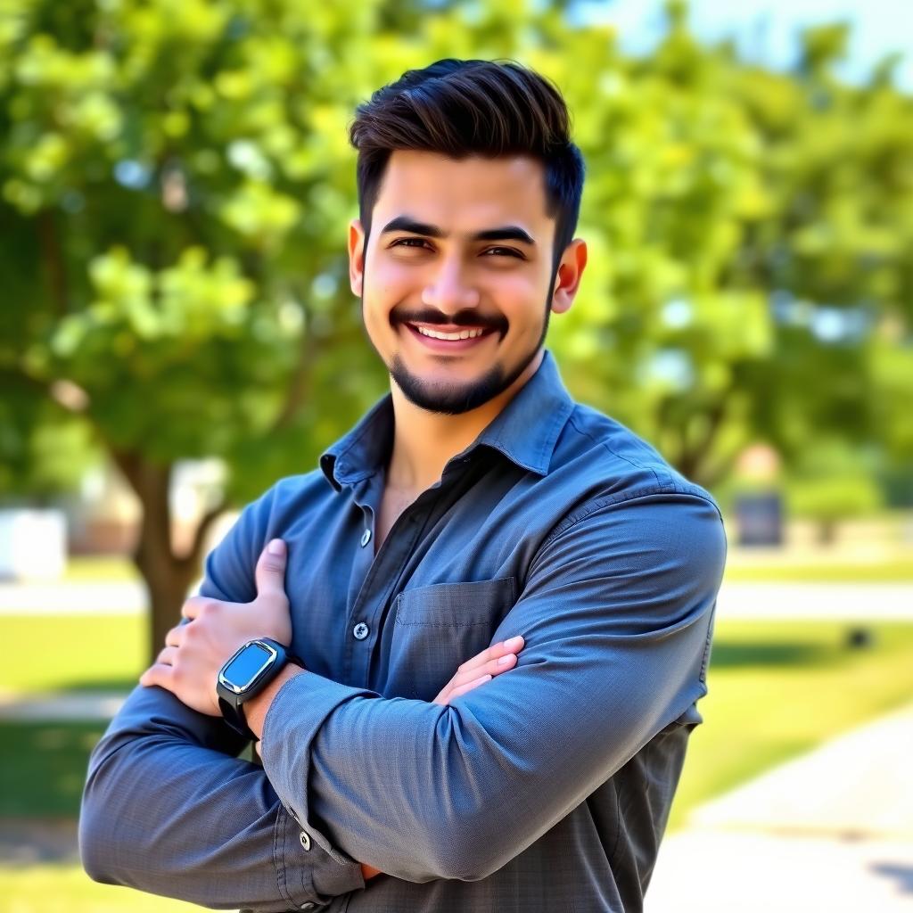 A portrait of a confident man outdoors, wearing a stylish casual outfit