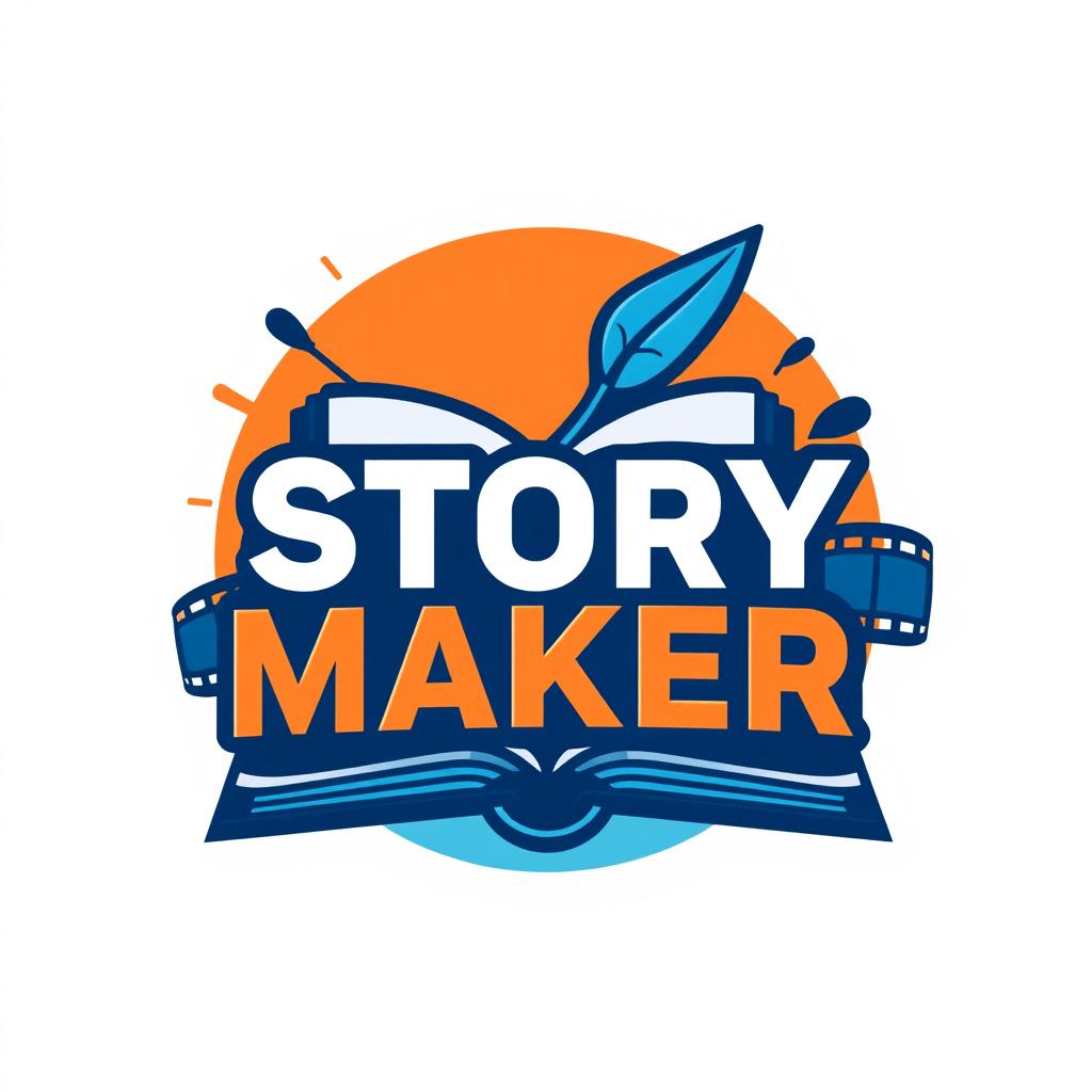 A modern and stylish square logo featuring the text 'STORY MAKER' in bold typography, creatively combining elements of storytelling such as an open book, a quill, or a film strip in the background