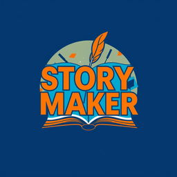 A modern and stylish square logo featuring the text 'STORY MAKER' in bold typography, creatively combining elements of storytelling such as an open book, a quill, or a film strip in the background