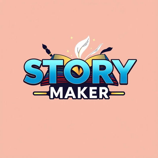 A modern and stylish square logo featuring the text 'STORY MAKER' in bold typography, creatively combining elements of storytelling such as an open book, a quill, or a film strip in the background