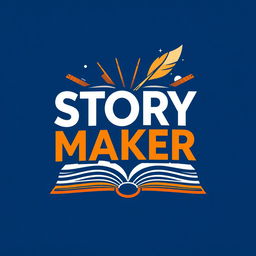 A modern and stylish square logo featuring the text 'STORY MAKER' in bold typography, creatively combining elements of storytelling such as an open book, a quill, or a film strip in the background
