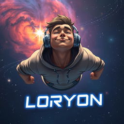 A muscular boy floating in the vastness of space, wearing stylish headphones and a cozy hoodie