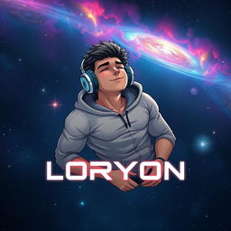 A muscular boy floating in the vastness of space, wearing stylish headphones and a cozy hoodie
