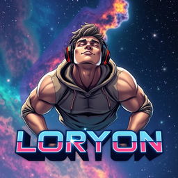 A muscular boy floating in the vastness of space, wearing stylish headphones and a cozy hoodie