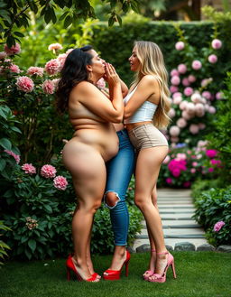 An intimate scene featuring two beautiful, curvy women engaged in a passionate kiss in a tranquil domestic garden setting