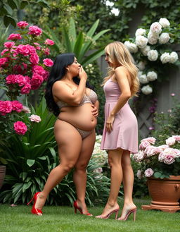 An intimate scene featuring two beautiful, curvy women engaged in a passionate kiss in a tranquil domestic garden setting