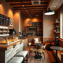 A cozy and inviting classic coffee shop interior design, measuring approximately 20 meters in length