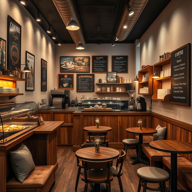 A cozy and inviting classic coffee shop interior design, measuring approximately 20 meters in length