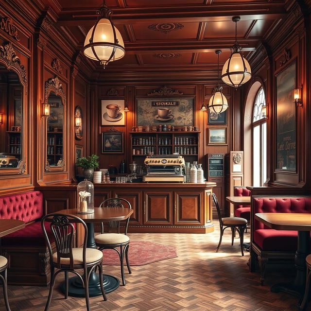 A traditional classic coffee shop interior design, spanning approximately 20 meters