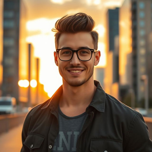 A handsome man with well-groomed hair and a charming smile, wearing stylish eyeglasses, standing confidently in a cityscape during golden hour