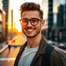 A handsome man with well-groomed hair and a charming smile, wearing stylish eyeglasses, standing confidently in a cityscape during golden hour